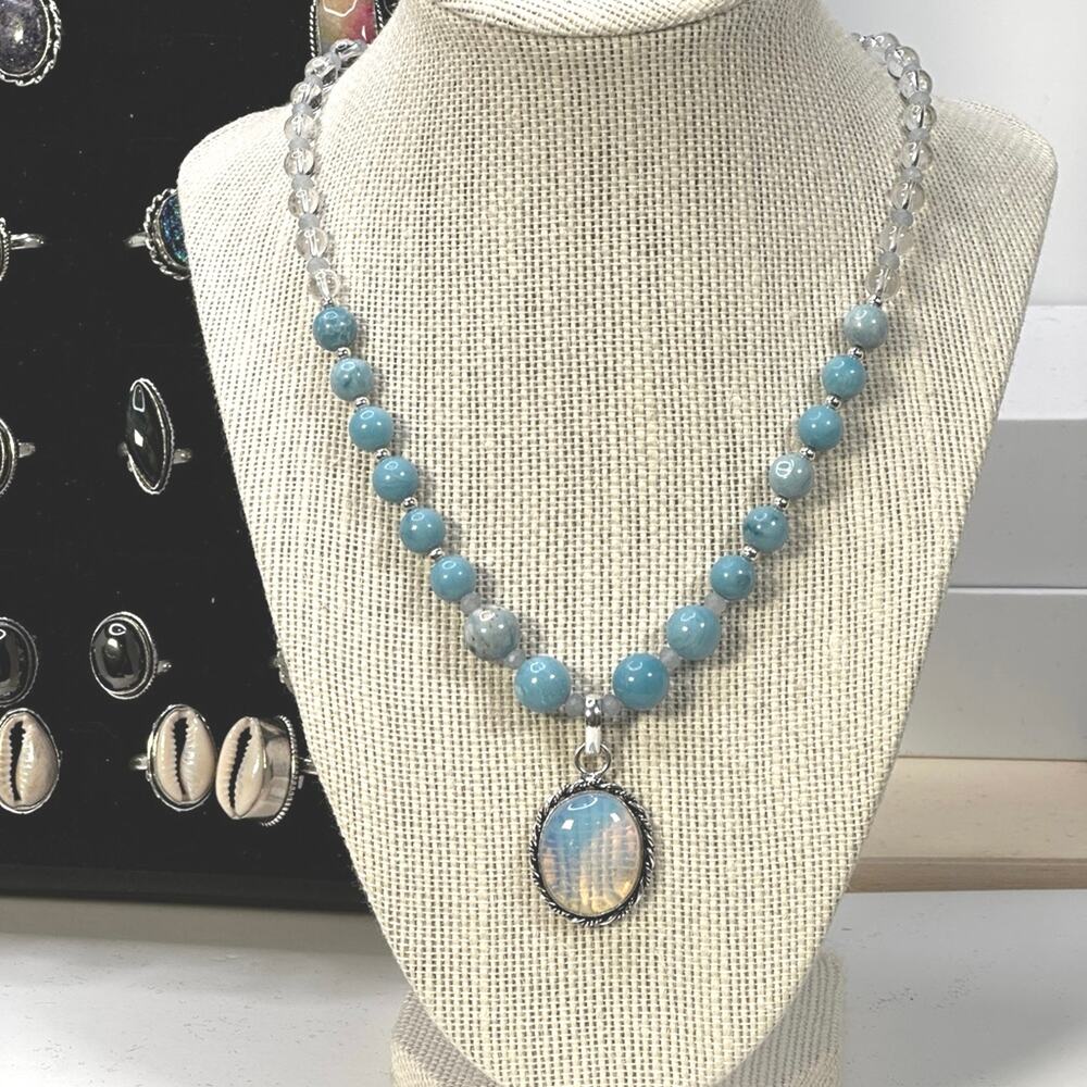 Opalite & Larimar silver plated pendant and beaded 17” chain with 1”‎ extension